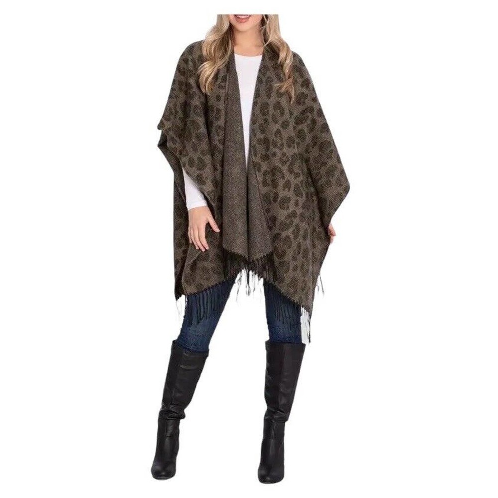 Woolrich Sweater Womens One Size Fringe Blanket Wrap Shawl Cape Cardigan Leopard